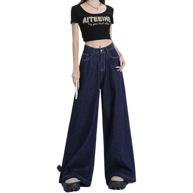 如续 阔腿宽松高腰复古显瘦垂感筒裤休闲拖地牛仔裤 女款