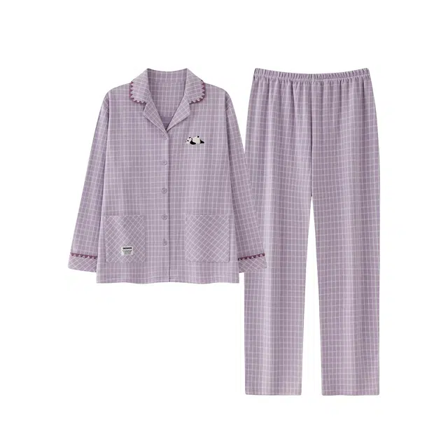 宫蝶 简约风德绒格子长袖开衫宽松休闲家居服可外穿睡衣套装 男女同款