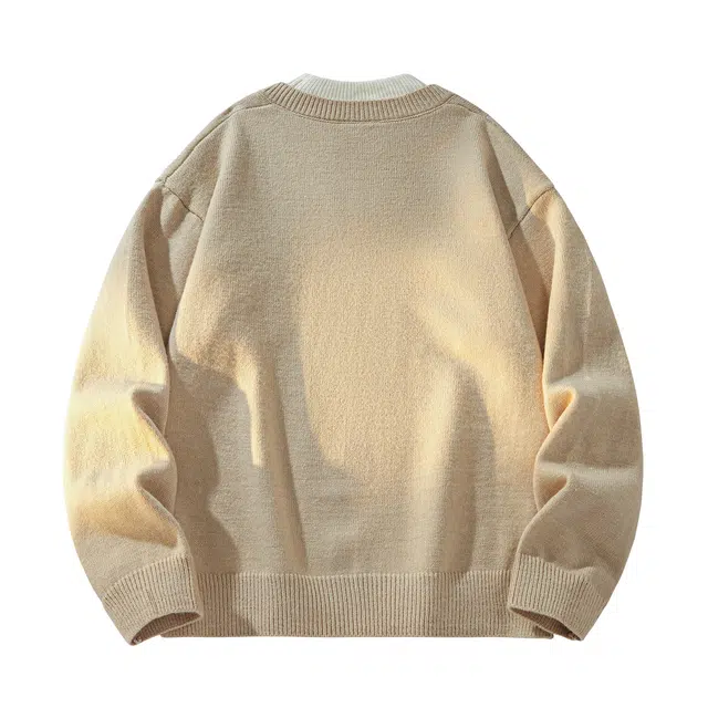 敦煌博物馆 美式复古叠穿假两件长袖舒适校园风简约织唛标亲肤柔软户外保暖圆领套头慵懒感百搭针织毛衣 男女同款