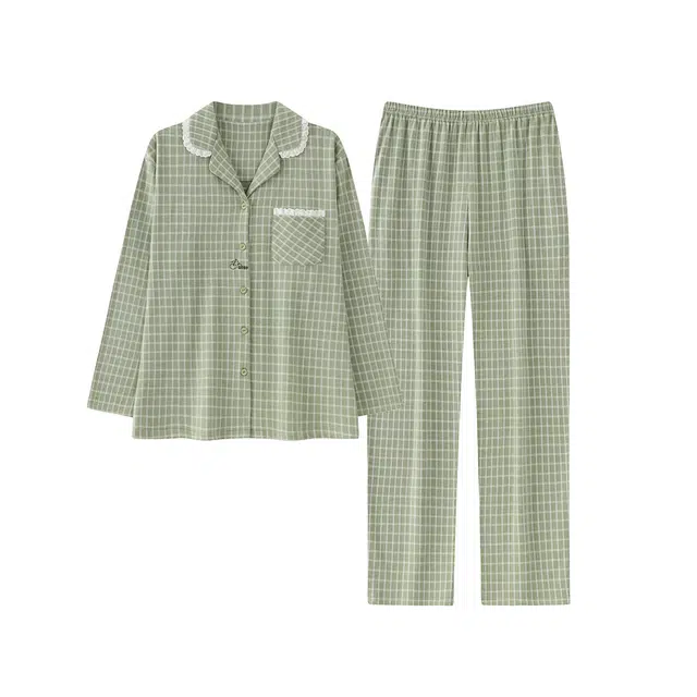 宫蝶 简约风德绒格子长袖家居服宽松休闲开衫可外穿睡衣套装 男女同款