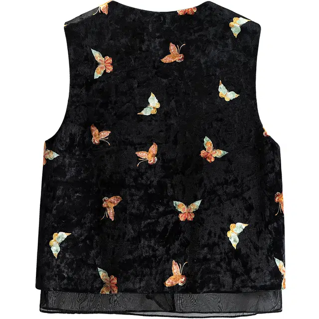 丝柏舍 复古盘扣圆领撞色蝴蝶图案宽松款直筒新中式单排扣短款叠穿马甲 女款