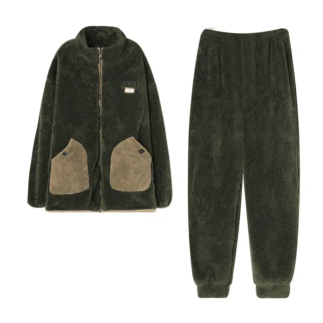 俏霓桐 厚款加绒加厚保暖防寒蓄温拉链长袖双口袋简约撞色家居服可外穿睡衣套装 男款