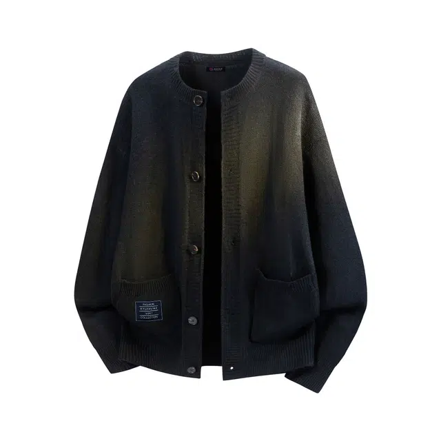 暴走的萝莉 街头潮流复古基础款简约纯色品牌车标撞色口袋设计时尚休闲无性别主义单排扣宽松落肩圆领开衫毛衣 男女同款