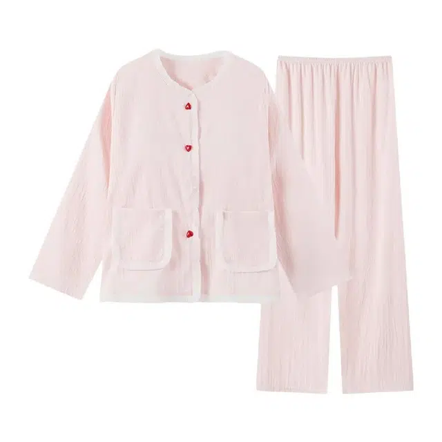 橡柠派 甜美可爱时尚舒适开衫长袖长裤两件套高级感简约小清新家居服可外穿带胸垫睡衣套装 女款