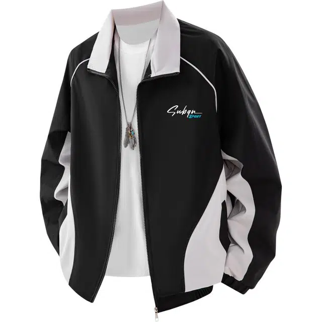 苏北青年 美式复古高街简约基础款品牌字母印花设计无性别主义穿搭拼接撞色高级宽松舒适休闲运动长袖翻领外套夹克 男女同款