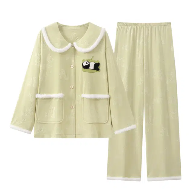 米囹 翻领开衫女加厚保暖可爱熊猫印花甜美家居服睡衣套装 女款