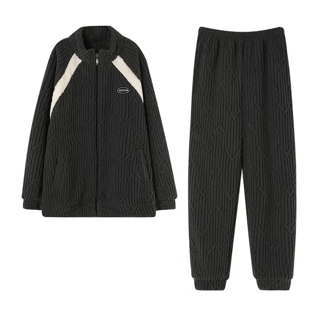 俏霓桐 厚款加绒加厚拉链保暖防寒蓄温时尚撞色柔软简约长袖家居服可外穿睡衣套装 男款