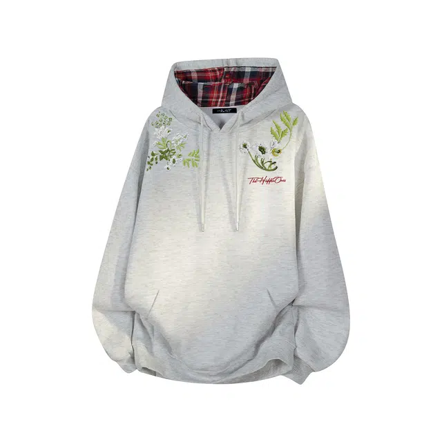 一人之下 美式高街【甄选亲肤优质面料】植物花卉字母印花图案休闲宽松舒适百搭精选个性长袖格纹连帽卫衣 男女同款