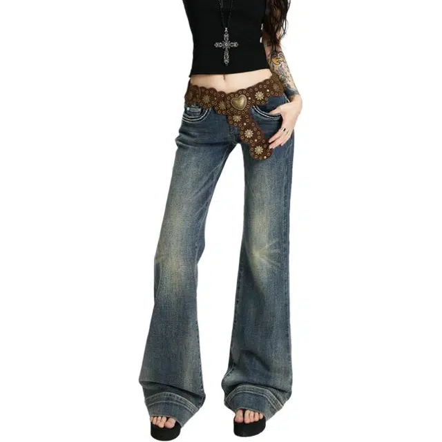 么宁 美式加绒加厚保暖水洗复古微喇叭马蹄裤高腰显高显瘦小个子显腿长甜酷风辣妹牛仔裤 女款