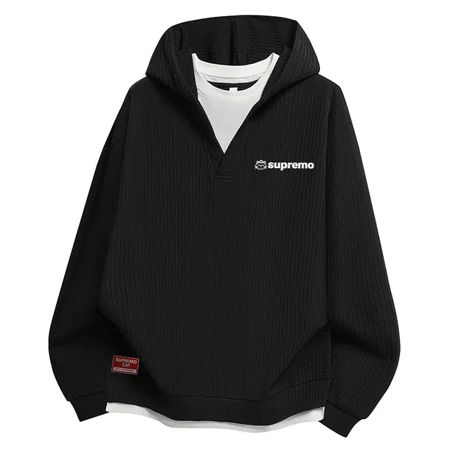 吾皇猫 复古提花肌理假两件立体小标宽松百搭厚重感长袖卫衣打底衣 男女同款