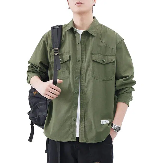 童先森 日系潮牌工装男长袖春秋款美式宽松纯棉衬衣高级感外套衬衫 男款