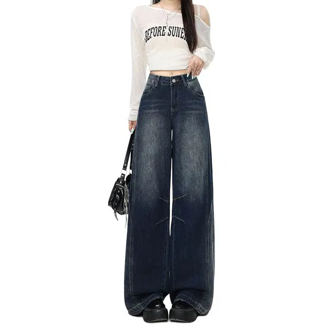 如续 美式复古设计阔腿高腰宽松直筒拖地牛仔裤 女款