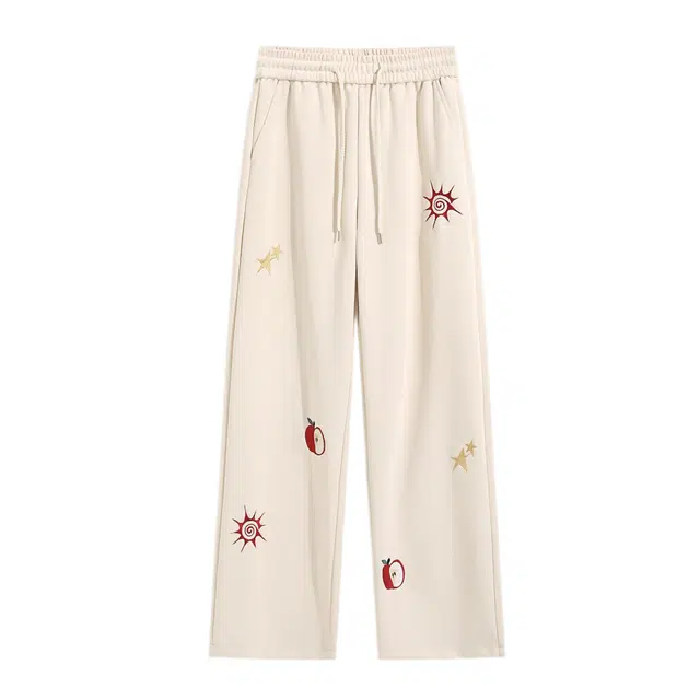 稻草人 多巴胺甜酷刺绣设计感百搭宽松卫裤美式多图案直筒运动裤大码垂感阔腿裤穿搭单品潮流休闲裤 男女同款