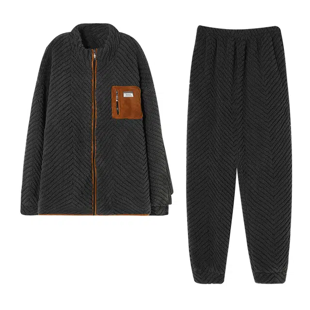 俏霓桐 厚款保暖加绒加厚防寒蓄温拉链简约长袖时尚撞色高级感家居服可外穿睡衣套装 男款