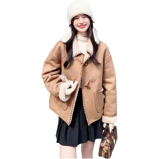 思蓓儿 牛角扣外套女冬小个子皮毛一体短款加厚棉衣皮衣 女款