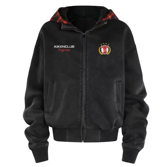 爱肯 美式街头潮牌运动百搭连帽水洗做旧撞色格纹痞帅慵懒风氛围感小个子休闲时尚假两件拼接设计感长袖外套学生党穿搭卫衣 男女同款