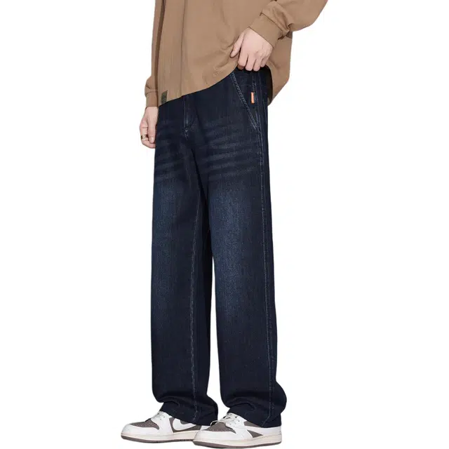 瑞梵帝斯 秋冬季美式复古款高街水洗做旧简约基础款纯色显高柔软舒适亲肤透气休闲时尚百搭通勤宽松直筒阔腿牛仔裤 男款