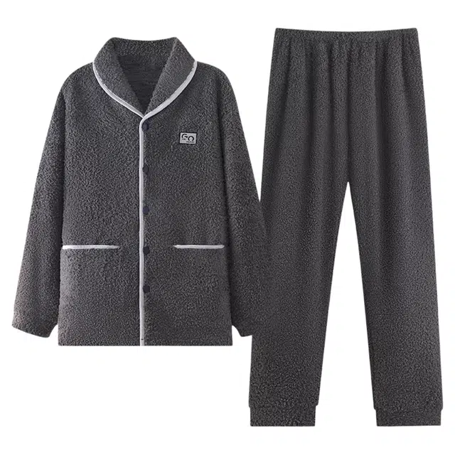 潞优野 优质休闲法兰绒家居服秋冬款松弛感珊瑚绒加厚加绒保暖 睡衣套装 男款