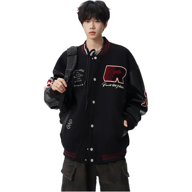 爱爸爸 秋季棒球服外套美式飞行刺绣长袖夹克 男女同款