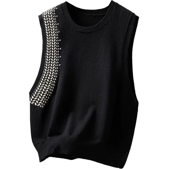 丝柏舍 针织圆领套头撞色图案休闲短款叠穿简约通勤马甲 女款