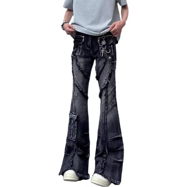 洞洞拐 美式复古重工高街设计感拼接超辣多口袋高腰工装裤修身显瘦微喇裤牛仔裤 男女同款