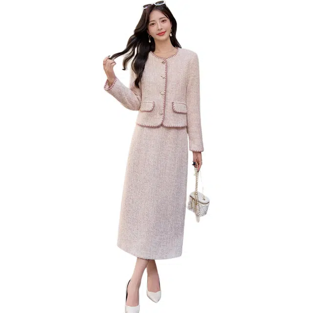 袋鼠 时尚气质休闲高级感显瘦减龄韩版小香名媛风羊毛外套半身裙两件套裙装套装 女款