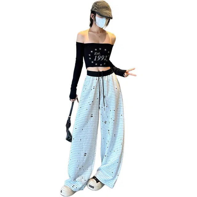 沐晓欣 秋冬新美式运动裤女重工破洞提花卫裤高级感慵懒百搭神裤休闲裤 女款