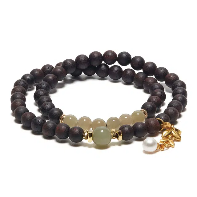 鶄鲤 国潮古风素雅金叶玉石双圈叠戴 降真香 木作手串 男女同款情侣款