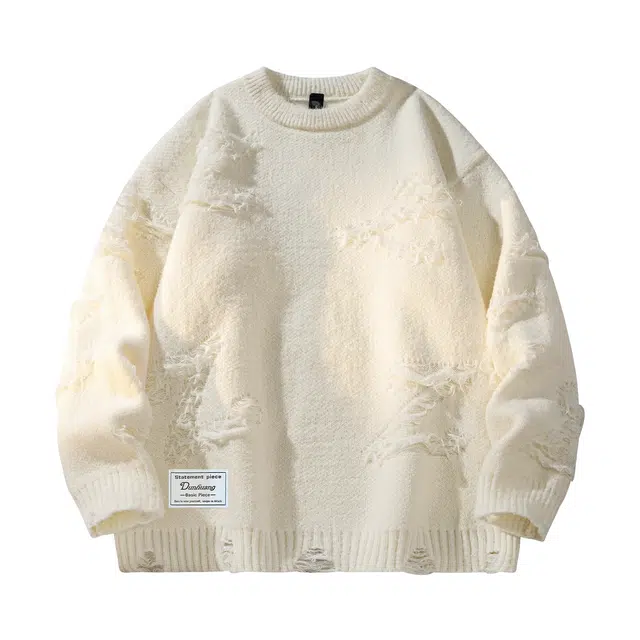 敦煌博物馆 纯色流苏不规则提花圆领套头长袖针织上衣百搭宽松基础款简约户外高级感舒适保暖软糯毛衣 男女同款