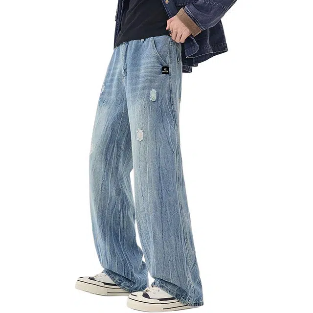 法文箱子 美式高街潮流闪电纹破洞牛仔时尚百搭痞帅宽松休闲直筒裤 男款