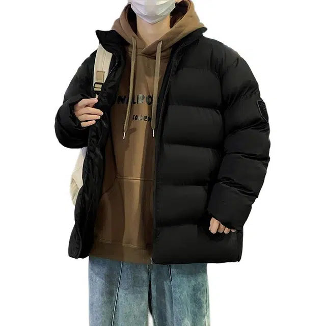 洋气先生 美式高街复古简约纯色基础款无性别主义加厚加绒保暖宽松潮流棉衣日常通勤百搭潮牌休闲防风立领臂章长袖棉服 男女同款