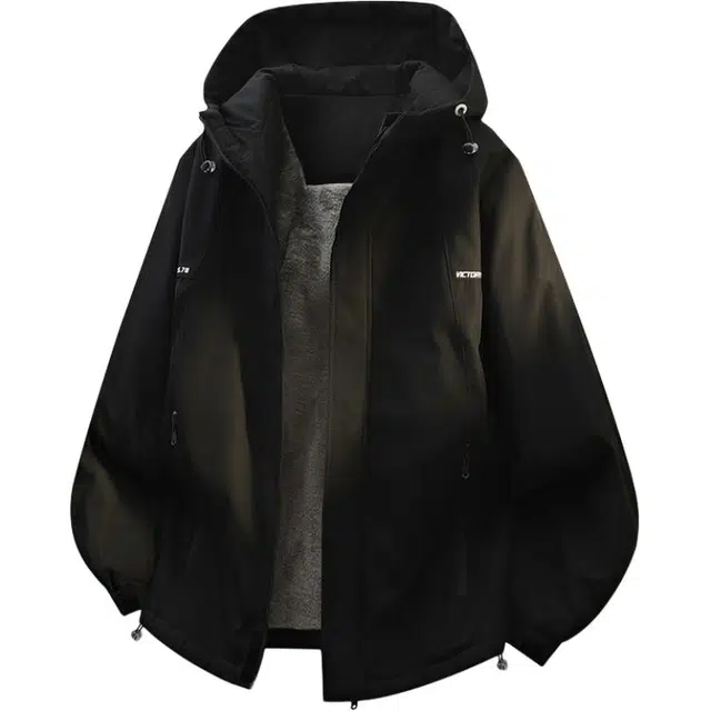 洋气先生 洋气美式复古潮牌轻奢连帽拉链设计高级感纯色加绒长袖休闲舒适保暖防风户外通勤徒步简约百搭工装冲锋衣外套夹克 男女同款