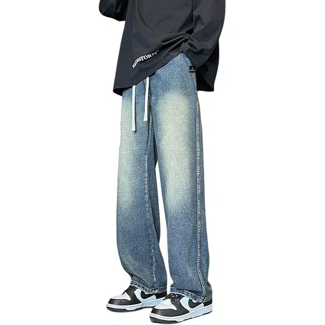 法文箱子 复古水洗做旧牛仔裤简约时尚潮流宽松百搭休闲直筒裤 男款