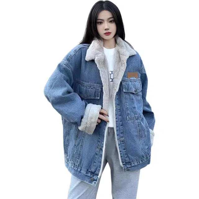 徐百货 美式复古仿兔毛牛仔外套冬季加绒加厚宽松百搭保暖工装棉衣棉服 男女同款