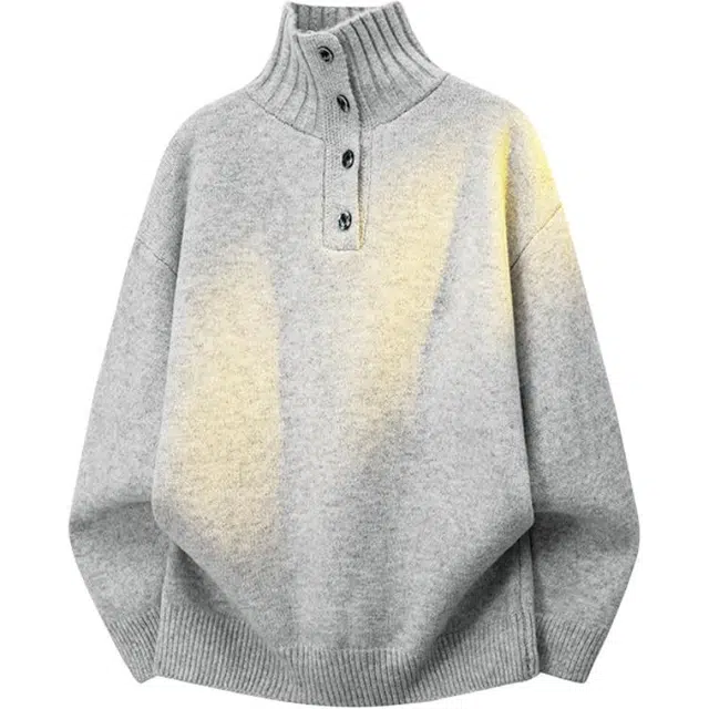 八哥 美式复古高街秋季经典纯色舒适休闲百搭宽松设计感基础款亲肤软糯柔软高领纽扣慵懒针织衫 男女同款