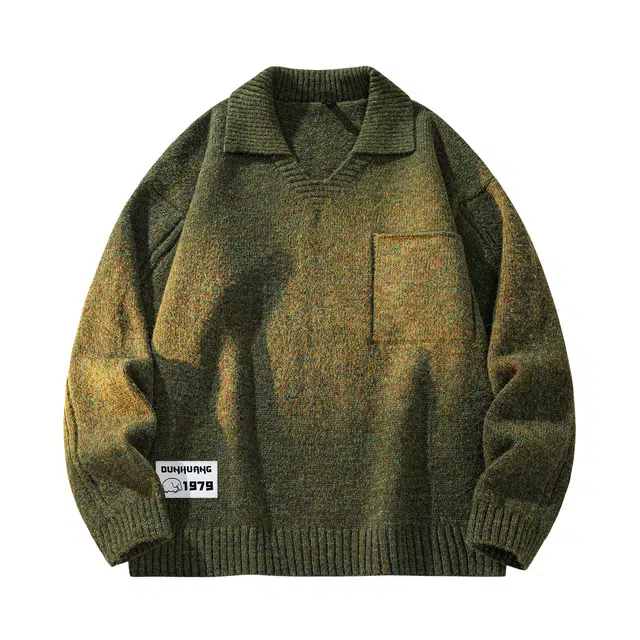 敦煌博物馆 美式复古慵懒感简约织唛标潮流翻领针织上衣学院风经典百搭宽松软糯舒适休闲通勤毛衣 男女同款