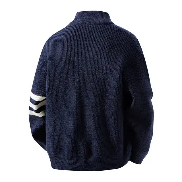 八哥 美式复古高街秋季经典纯色三条杠拼接撞色舒适休闲百搭宽松设计感基础款亲肤柔软拉链软糯慵懒立领开衫针织衫 男女同款