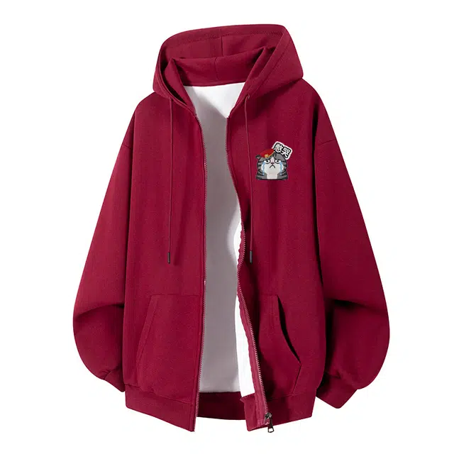 吾皇猫 憋哭小猫开衫拉链华棉国潮卡通印花图案纯色百搭连帽舒适打底衣 男女同款