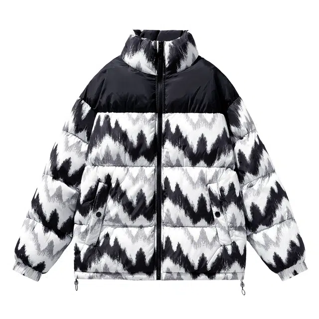 棉基因 冬季波浪纹撞色拼接优质棉棒球服保暖高个小个子日系男简约潮流夹棉袄子美式高街工装风青少年职场通勤学院风棉衣外套 男女同款