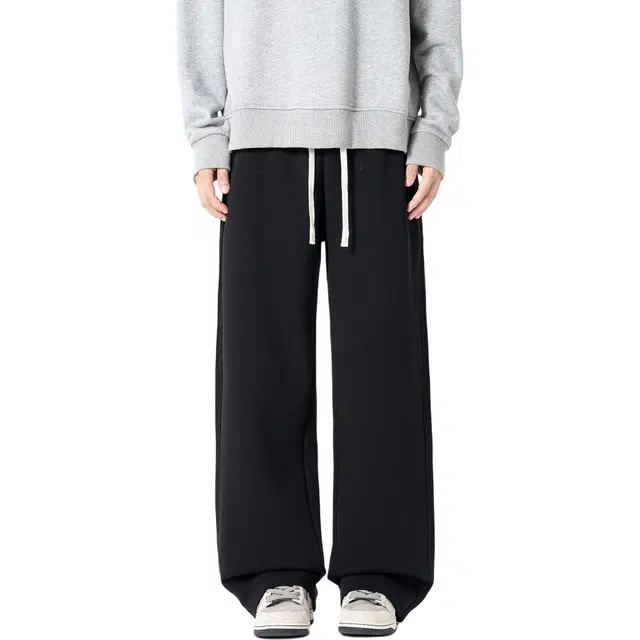 瑞梵帝斯 秋冬日系简约纯色基础款创意侧边三条褶皱线宽松直筒垂感阔腿拖地透气通勤百搭学生党学院风针织休闲裤 男款