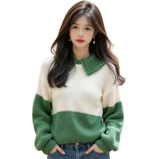 丝絮丝绸 秋冬季撞色拼接翻领设计感上衣 针织衫 女款