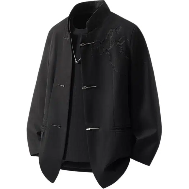 颂希尔 复古立体刺绣立领新中式西服外套宽松潮牌痞帅中山装穿搭西装 男女同款