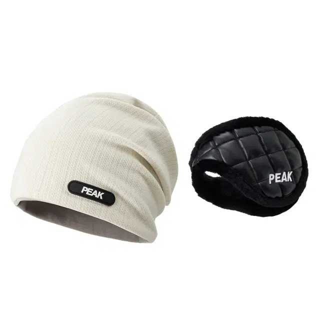 匹克 微标高级感大头围户外运动冷帽护耳保暖防寒防冻加厚加绒耳罩两件套 腈纶 绒线帽 男女同款情侣款