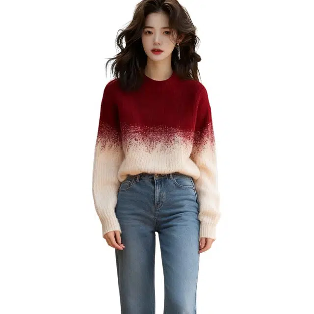 丝絮丝绸 冬季时尚渐变设计感宽松舒适慵懒风上衣针织衫 女款