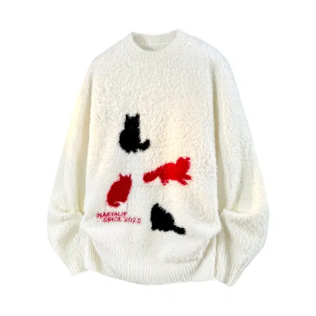 加荣 美式复古长袖毛衣男秋季潮牌纯色毛线衣男宽松慵懒感毛衫男士休闲百搭学生青少年痞帅男装潮流猫咪剪影针织衫 男女同款