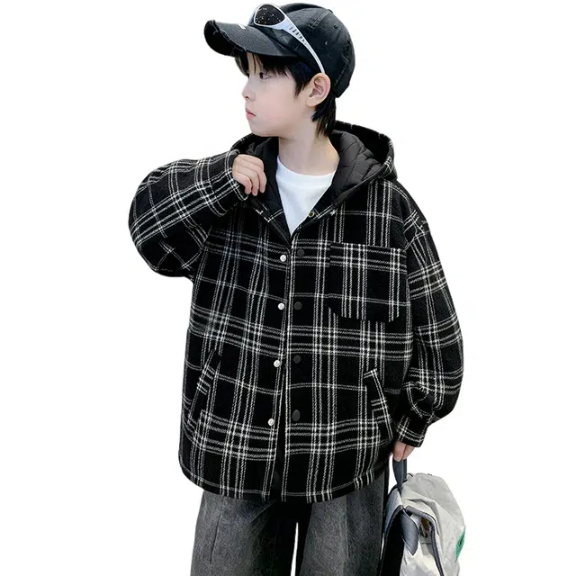 浪莎休闲棉衣 冬季 长袖夹棉加厚格子棉服 黑色 青少年