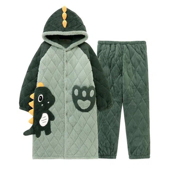 俏霓桐 卡通小恐龙珊瑚绒加厚三层夹棉开衫可外穿青少年学生保暖袍加裤家居服睡衣套装 男款