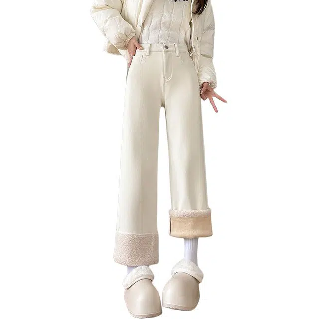 如续 韩系简约百搭直筒加绒裤子潮流设计感显瘦舒适休闲保暖通勤牛仔裤 女款