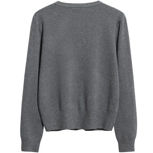 她池 圆领单排扣设计感立体装饰宽松款长袖针织衫 女款 深灰色