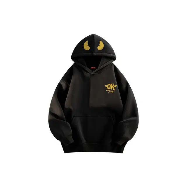 沐诚阳译 蝙蝠字母创意帽子牛角图案印花加绒宽松休闲连帽情侣装潮卫衣 男女同款